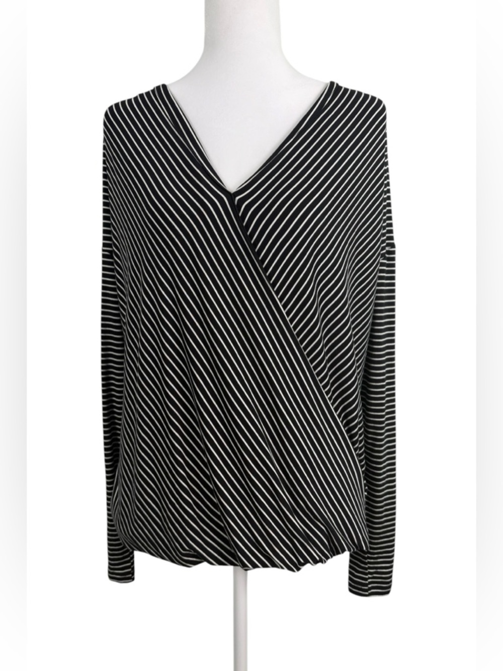 Tahari Striped Faux Wrap Blouse | Size M | Stylish & Comfy Black/White
